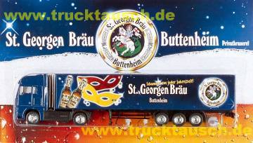 St. Georgen Bräu (Buttenheim) Fasching 2001, mit 2 Masken, 2 Flaschen und Logo