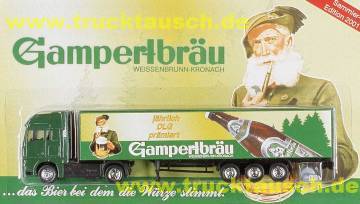 Gampertbräu (Weissenbrunn) 2001/1, mit Logo, schräger Flasche und stilisierten Bäumen