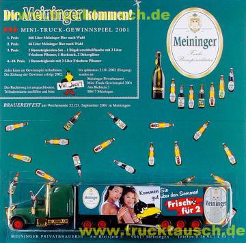 Meininger 2001-August, Frisch für 2, mit 2 nackten Frauen und Rabe, Logo und Flasche