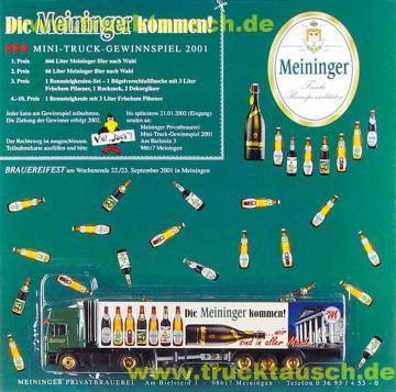 Meininger 2001-Oktober, Die Meininger kommen! mit 7 stehenden, 1 liegender Flasche und Gebäude