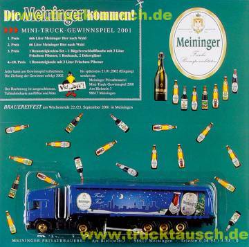 Meininger 2001-November, Frohes Fest! (Weihnacht 2001), mit Logo und 2 Flaschen vor Stadtrelief