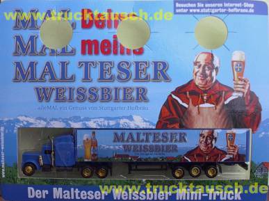 Stuttgarter Hofbräu Malteser Weissbier, großer Blister, mit Mönch, Glas und Flasche vor Landsch
