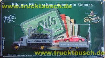 Eibauer SE 2006/5, Pils, mit Karman Ghia auf Tandemhänger, Blechschild mit hist. Etiketten im E