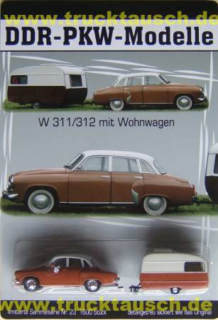 DDR PKW Modelle Nr.23, IFA Wartburg 311/312 mit QEKjunior Wohnwagen, 1/64- Aufl. 1.600